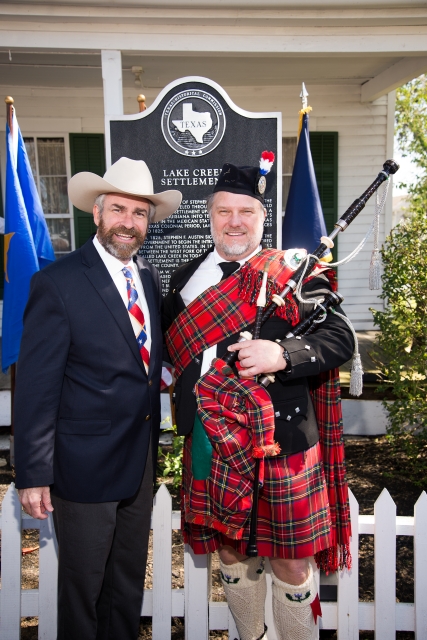 Marker historian, Kameron Searle, and life long friend, Ken Stephenson, who played the bagpipes for the dedication ceremony.